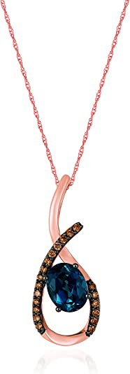 1/5 Carat Diamond and 2 Carat Oval Blue Topaz Open Teardrop Pendant Necklace for Women in 14k Rose Gold (Brown, SI1-SI2, cttw) on 18 Inch Chain by LeVian