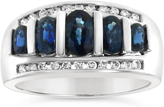 14k White Gold Blue Sapphire Oval Five Stone Genuine Gemstone and Diamond Ring For Women Birthstone of September