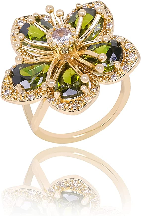 MACENT 14K Gold Plated Flower Crystal Rings for Women,Crystal Petal Ring,Open Adjustable Band Ring for Women Girl