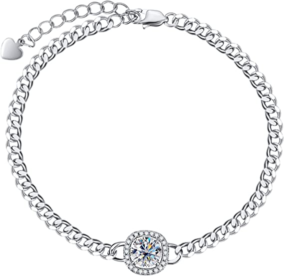 AnuClub Moissanite Cuban Bracelet,1ct D Color Lab Created Diamond 925 Sterling Silver Adjustable Bracelet With GRA Certificate
