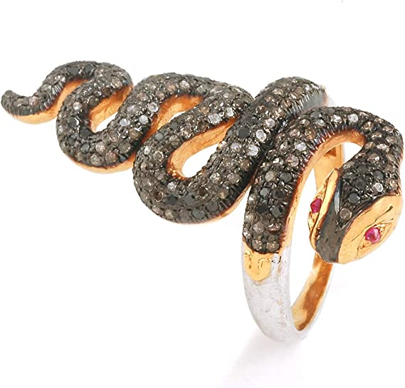 Handmade Natural Diamond Ring,Black Brown Snake Ring With Deep Rich Ruby And 1 Carat Brown Natural Diamond (I2-I3 Clarity) For Women